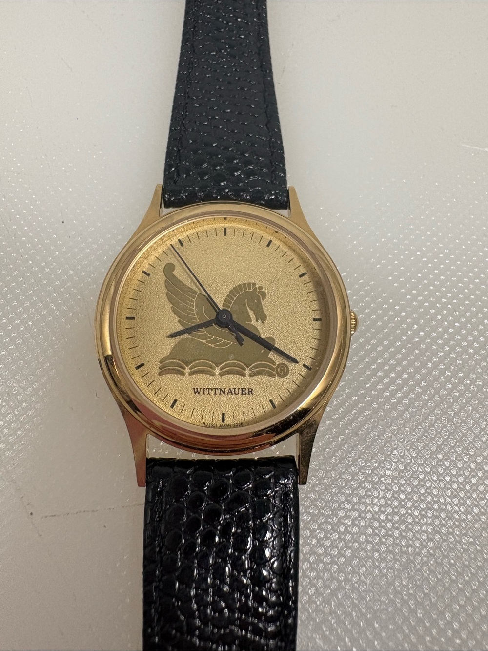 Vintage Wittnauer Pegasus Quartz Watch Gold Case Black Leather Strap New Battery